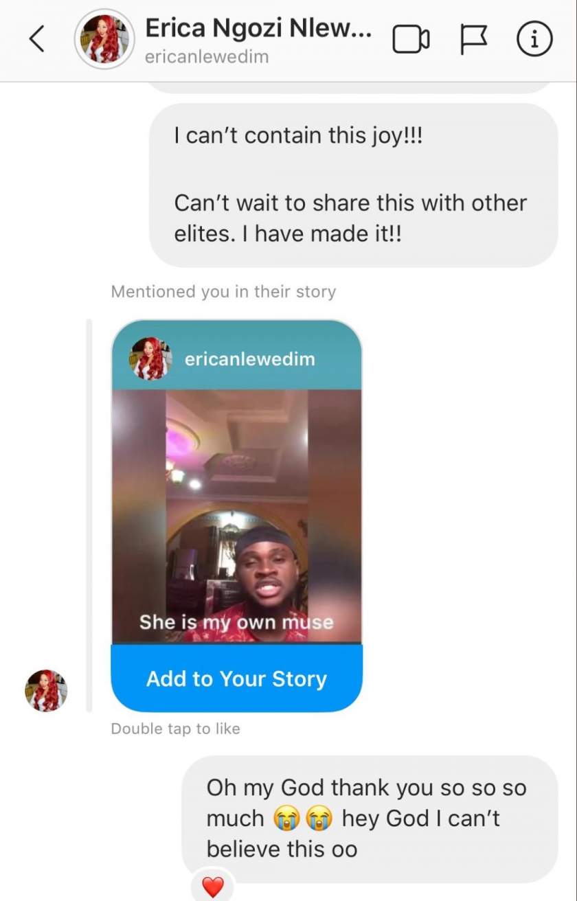 'I dreamt of her a night ago' - Man says as he shares chat with Erica after he sent her a DM