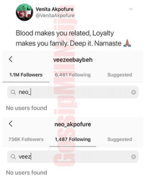'Loyalty makes you family' - Says Venita as she unfollows Neo on Instagram