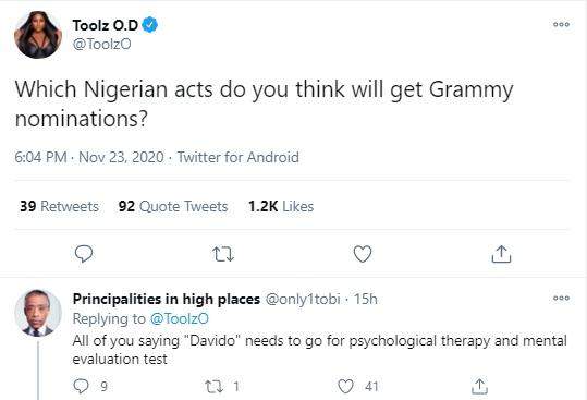 'You need mental test if you think Davido deserves Grammy' - Fans drag one another over award nominations
