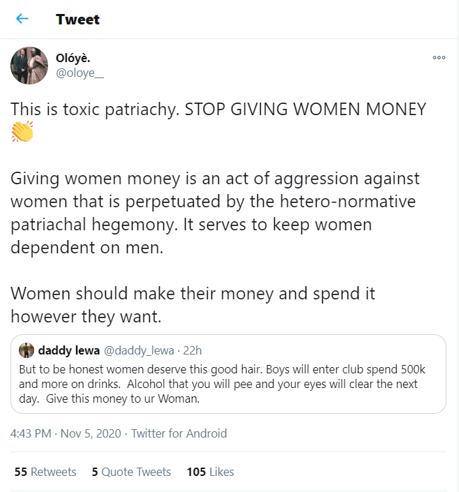 Stop giving women money, it is an act of aggression against them - Twitter user