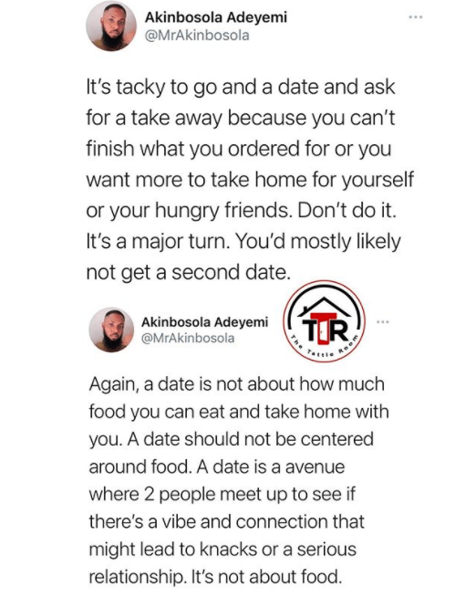 It's tacky to go on a date and take remaining food home - Relationship coach