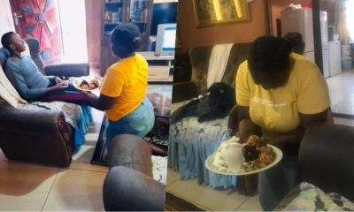 'Modern wives will never do this' - Man gives kudos to wife for kneeling while serving him food