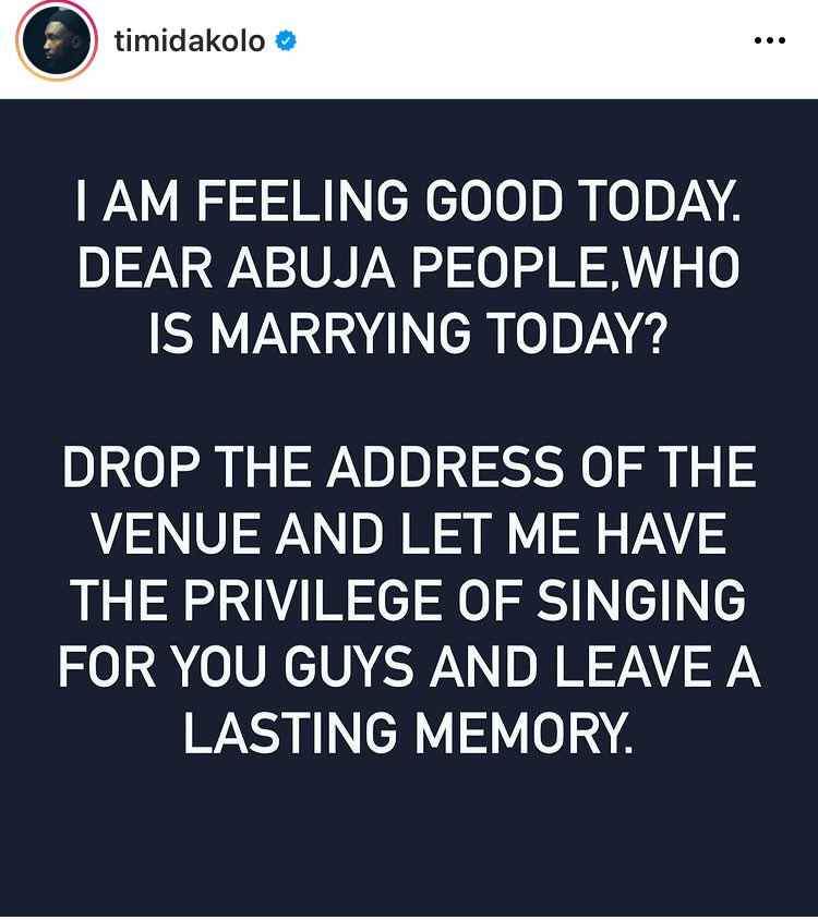 Timi Dakolo Performs For Free After Storming Three Weddings in Abuja