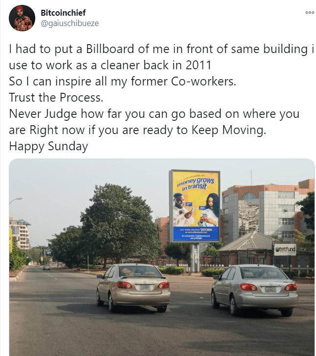 Bitcoin Chief puts billboard of himself in front of same building he used to work as cleaner in 2011