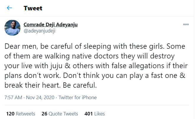 Be careful of sleeping with these girls. Some of them are walking native doctors - Deji Adeyanju advises men