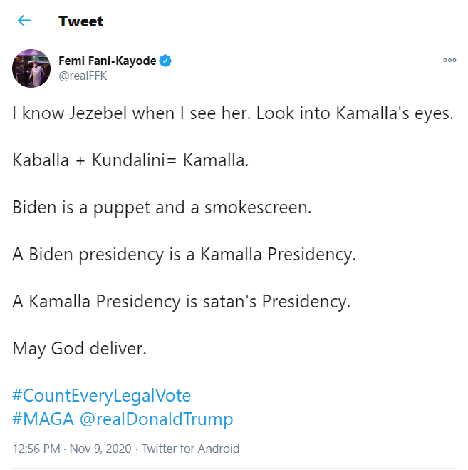 'I know Jezebel when I see her' - FFK slams U.S. Vice-president elect, Kamala Harris