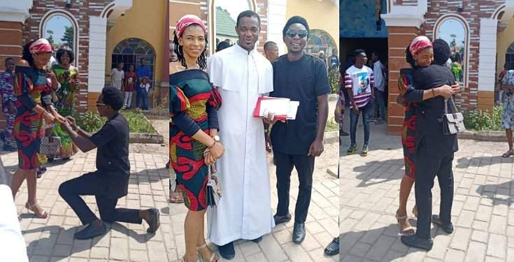 'The Holy Spirit arrested him' - Hilarious reactions as man proposes to his girlfriend in Church (Photos)