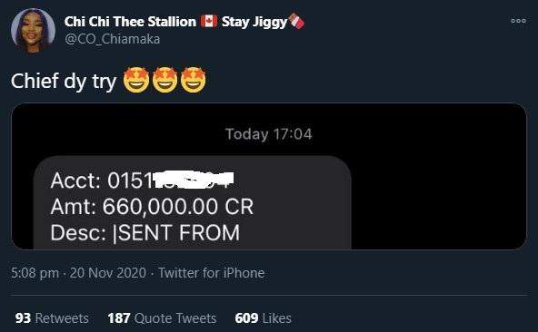 'Chief dey try' - Lady says as she shares screenshot of N660k alert from her lover