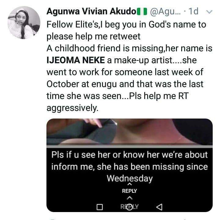 Make-up artist who went missing after leaving home for a job, found dead (Photos)