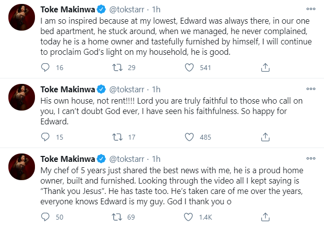 Toke Makinwa's chef thanks her as he builds his own house (Video)