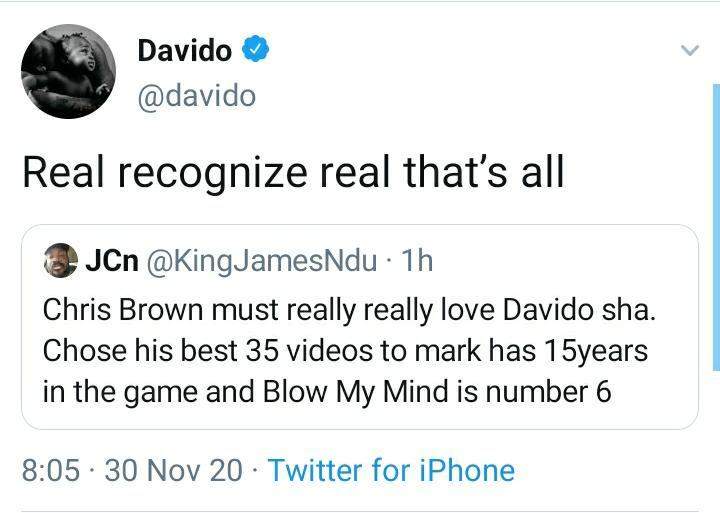 'Real Recognize Real' - Davido Brags As Chris Brown Picks His Song As One Of His Best
