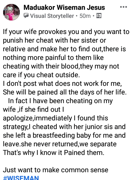 'Cheat with her relative to punish her' - Nigerian man boasts of cheating on his wife with her sister