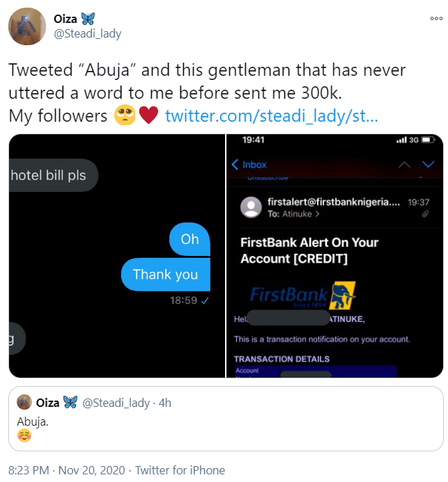 Nigerian man sends lady he has never met lady N300k after she tweeted 'Abuja'