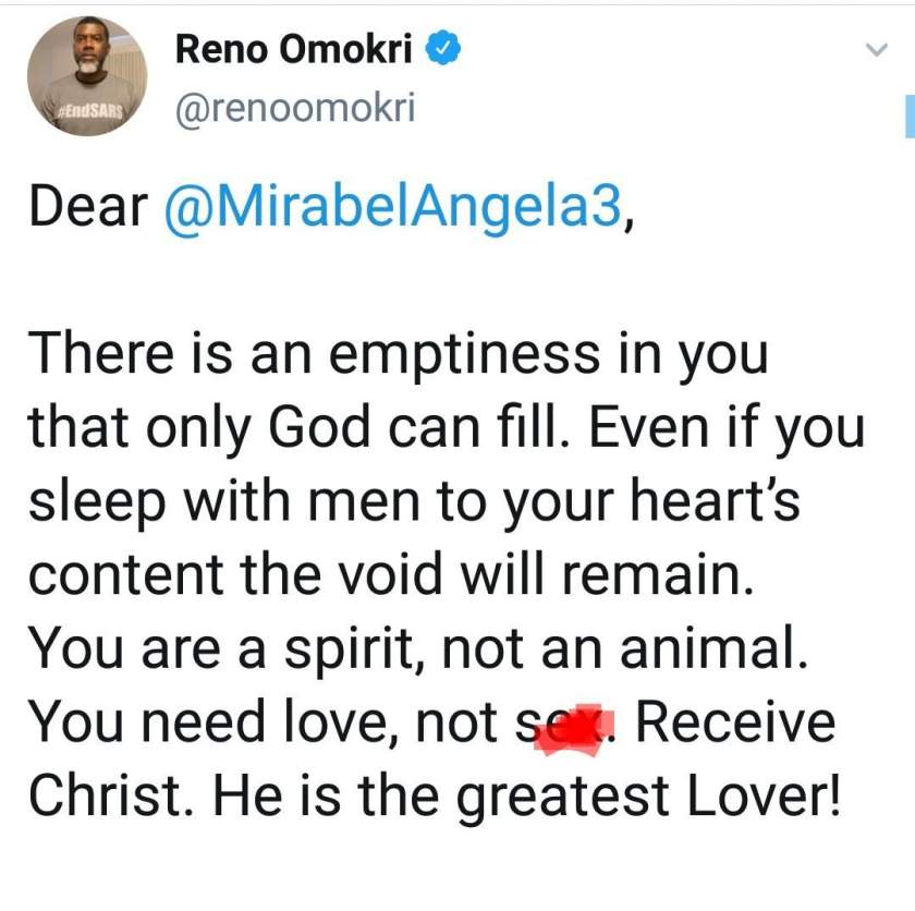 Reno Omokri replies lady who asked him for a chance to sleep with him