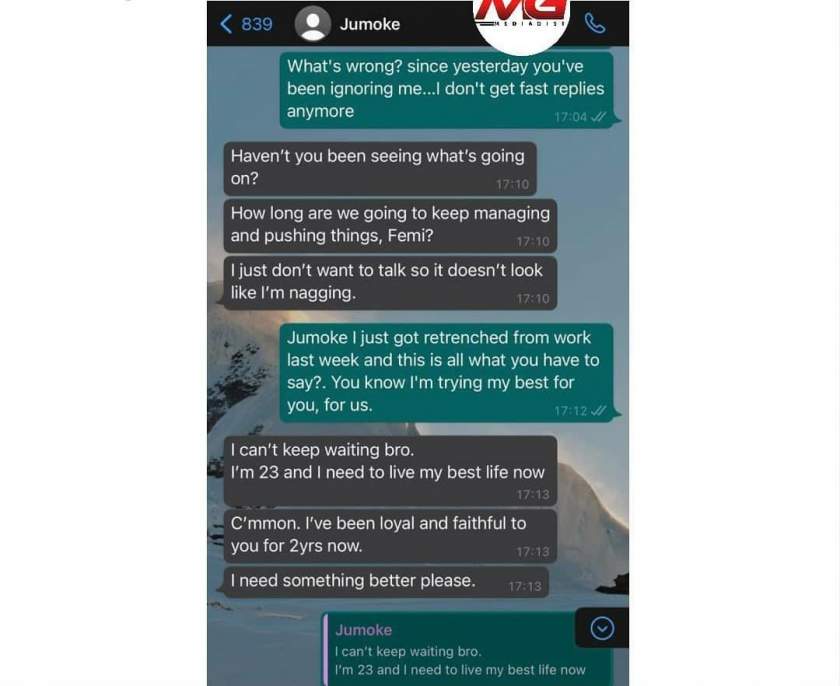 Man shares chat with girlfriend who started calling him "bro" and later broke up with him after he lost his job
