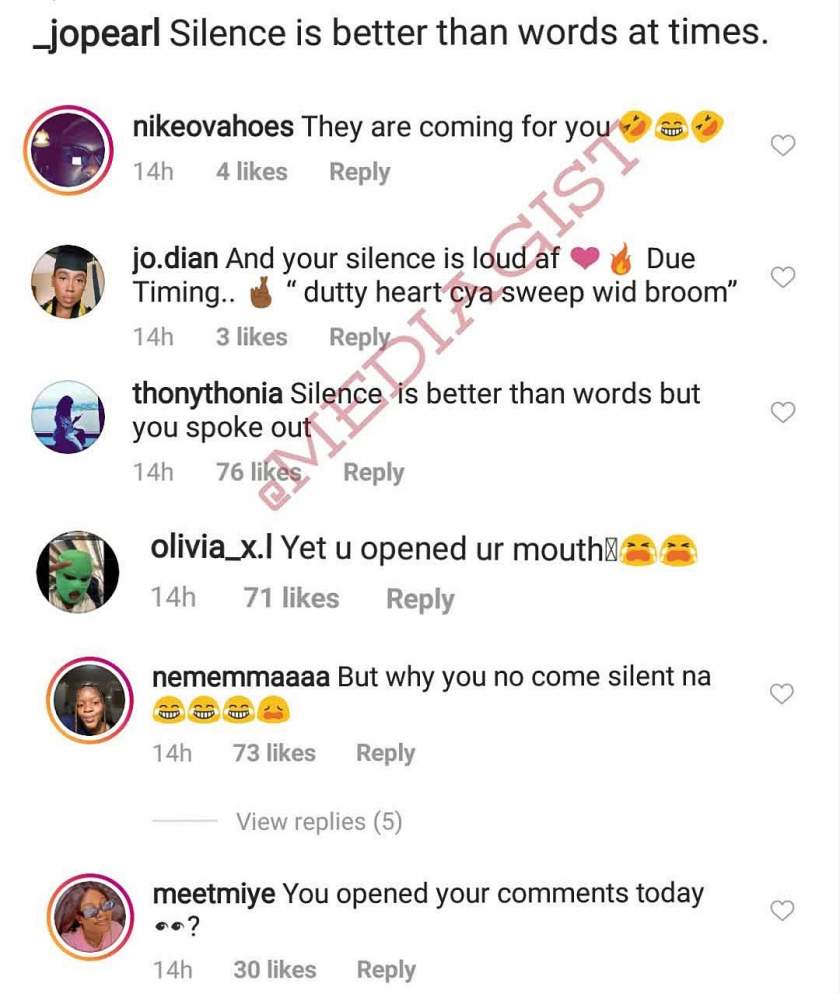 Burna Boy's side chic, Jo Pearl, dragged for saying 'silence is better than words' after calling out Burna Boy