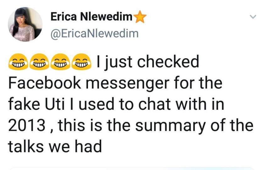 Erica shares her chat with scammer who posed as Uti Nwachukwu