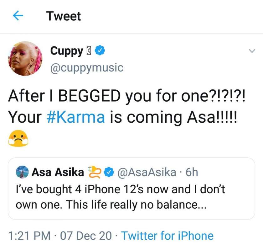 'Your karma is coming Asa' - DJ Cuppy drags ex boyfriend, Asa