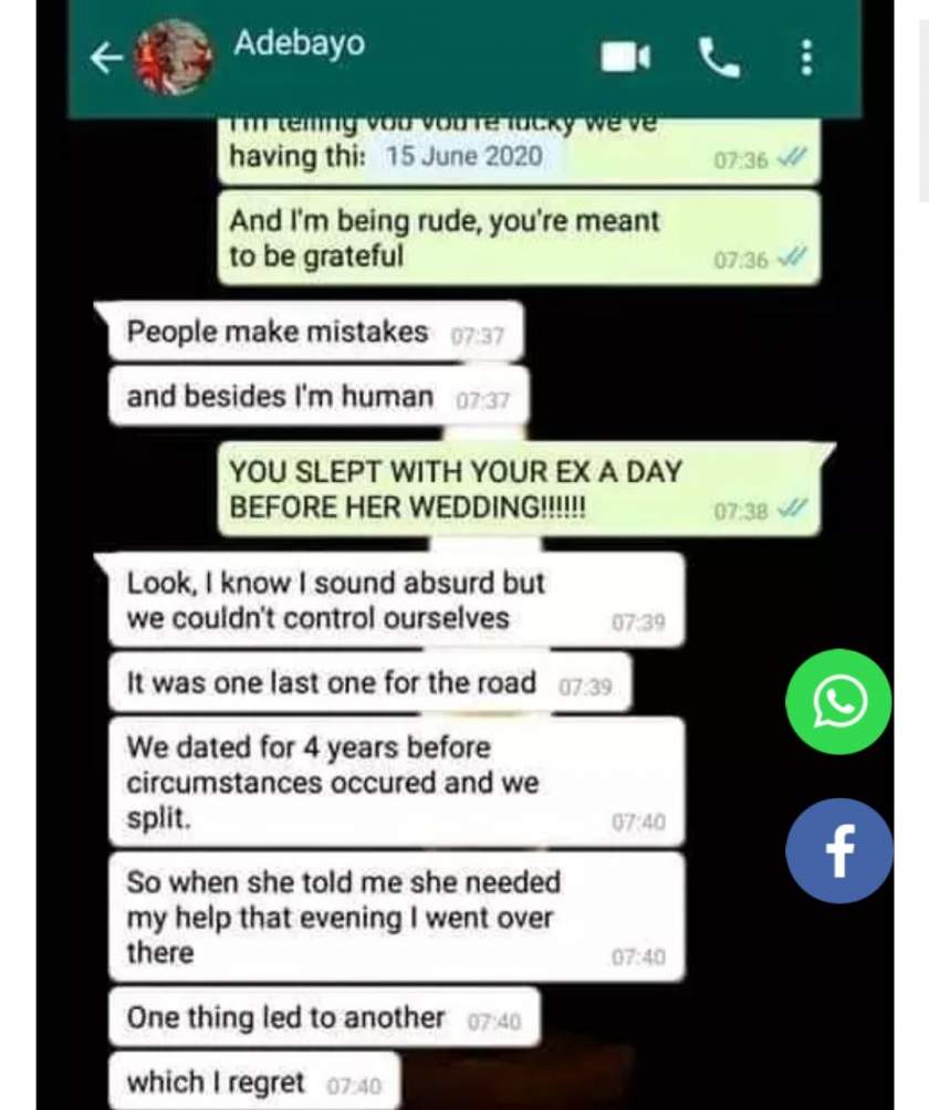 Lady shares chat with boyfriend who cheated on her with his ex lover, a day before her wedding