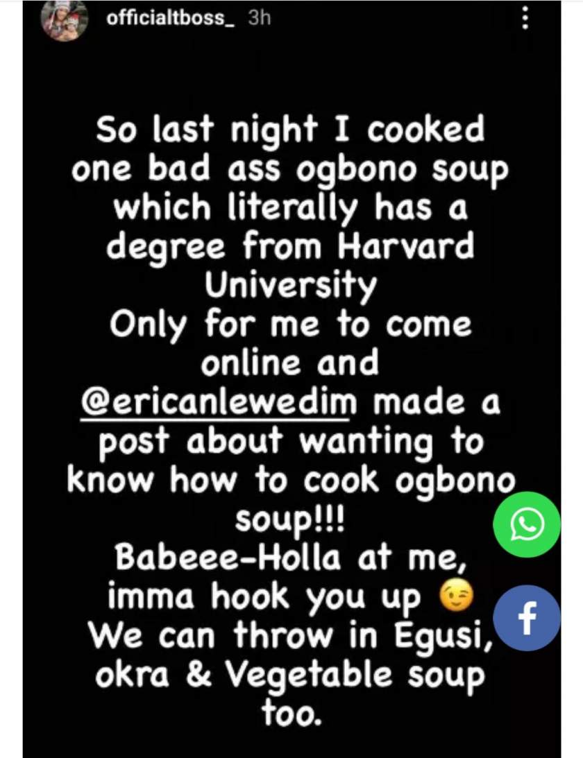 Tboss reacts after Erica said she doesn't know how to cook 'Ogbono' soup