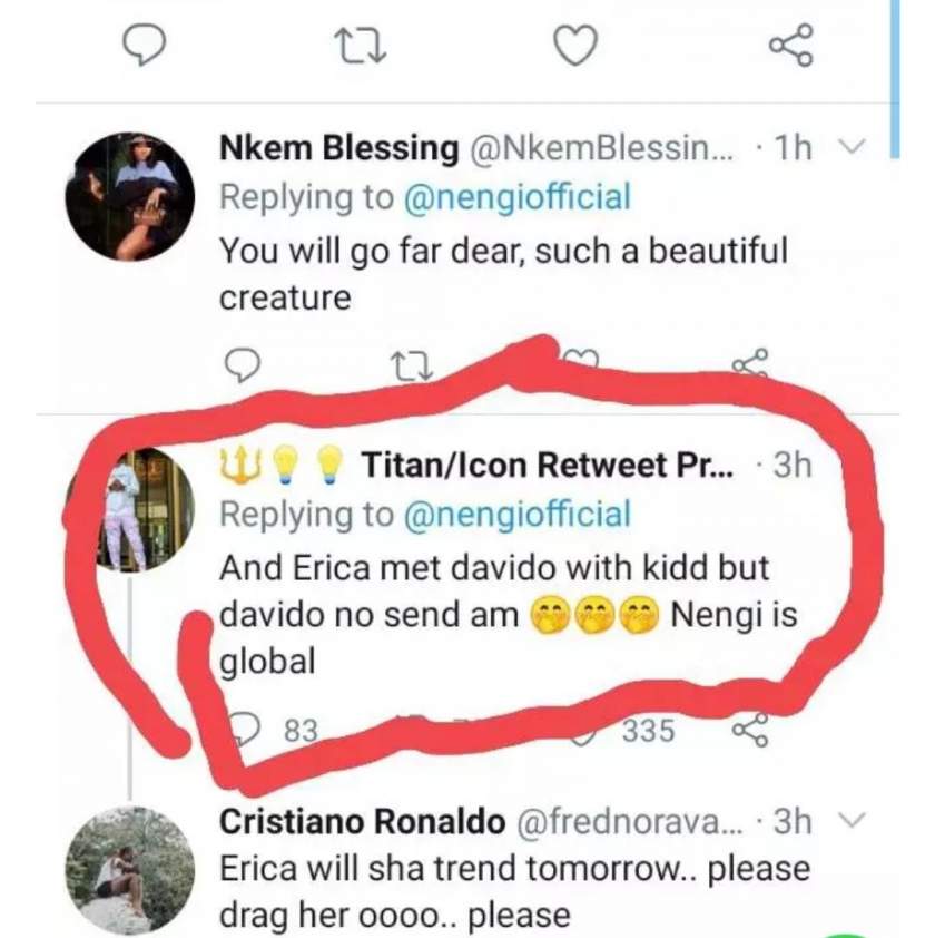 'Erica met Davido but Davido no send am' - Nigerians drag Erica after Davido featured Nengi in his music video
