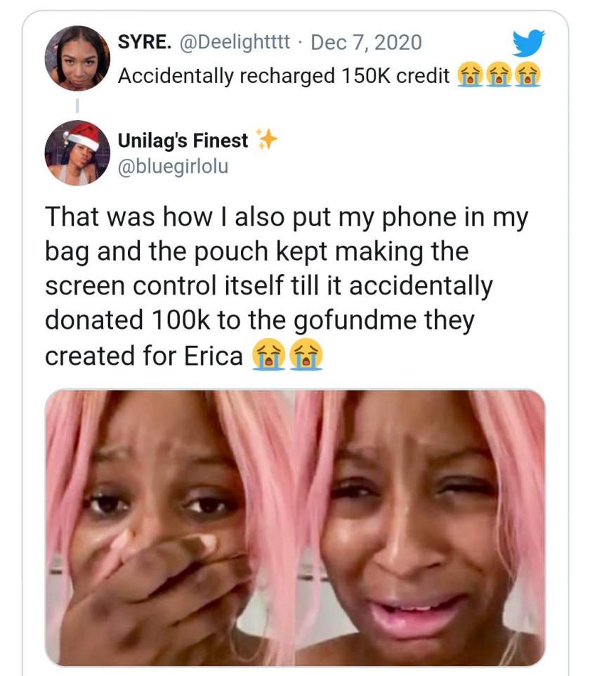 'I accidentally donated N100k to Erica's GoFundMe' - Lady laments