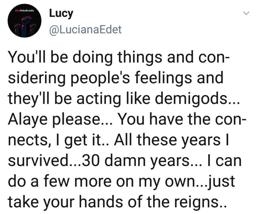 Alaye please, you have the connects but I survived 30 damn years on my own - Lucy blows hot