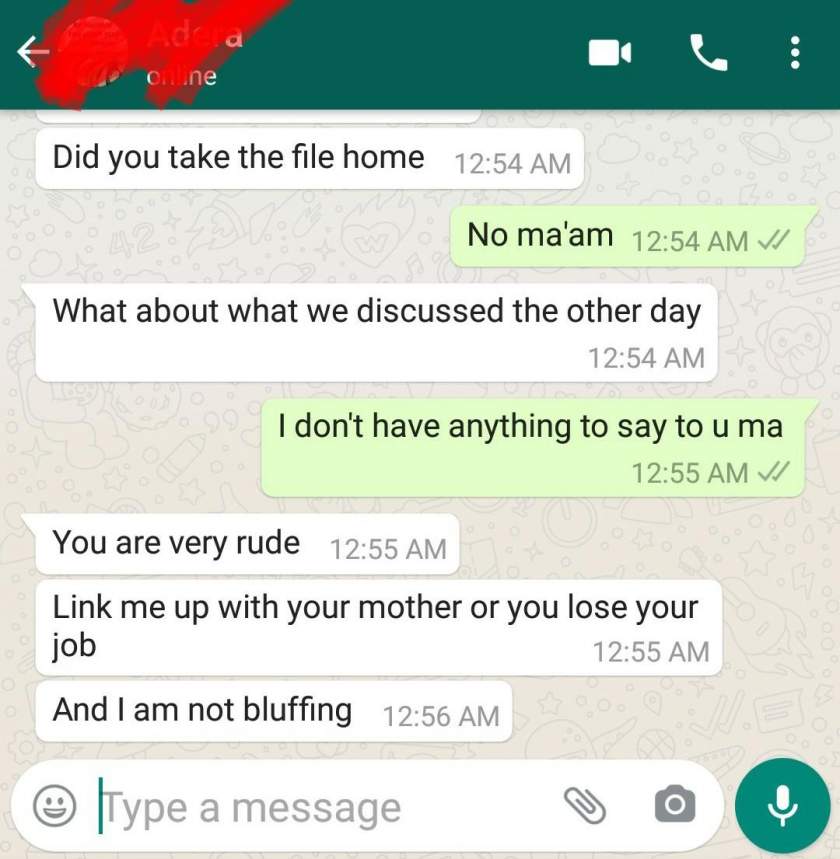 'Link me up with your mother or you lose your job' - Man shares chat with lesbian boss who confessed her feelings for his mother