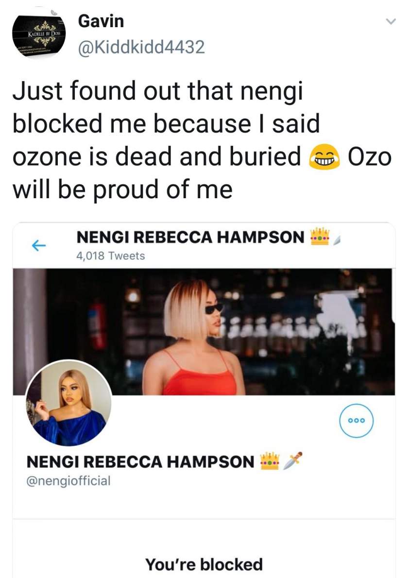 Nengi reacts as man says her relationship with Ozo is dead and buried