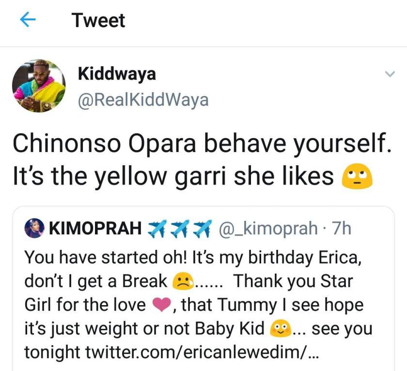 Kiddwaya reacts as Kim Oprah reveals Erica might have gotten pregnant for him because her tummy looks bigger