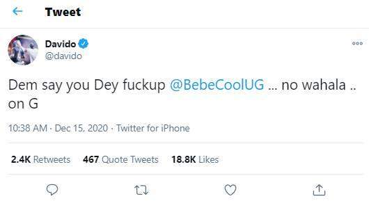 Davido calls out Ugandan singer, Bebe Cool, for allegedly being behind Omah Lay and Tems' woes