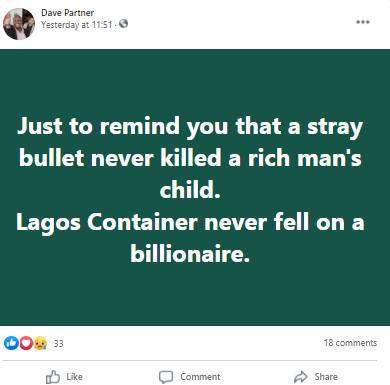 'Lagos container has never fallen on a billionaire' - Man says bad things only happen to poor people in Nigeria