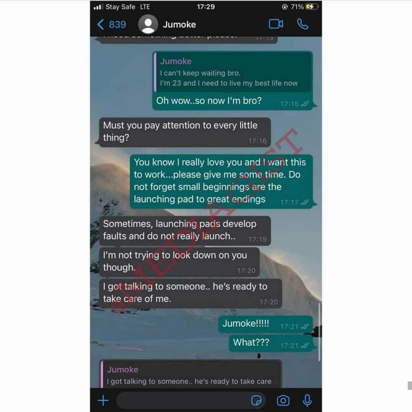 Man shares chat with girlfriend who started calling him 'bro' and later broke up with him after he lost his job
