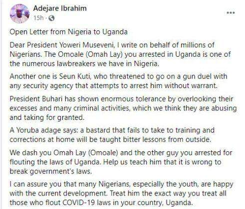 'We dash you Omah Lay, teach him that it is wrong to break government's laws' - Nigerian man writes open letter to Ugandan president
