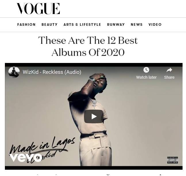 British Vogue: Wizkid's MIL album named one of the best of 2020, only Nigerian on list