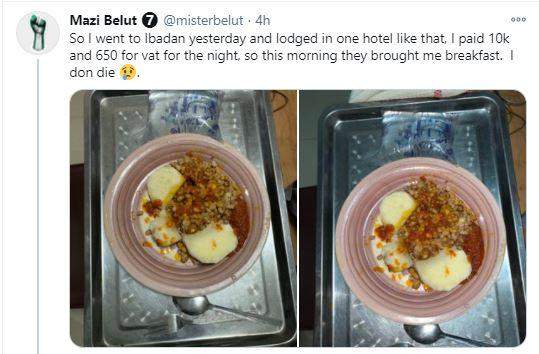 Man laments over poor meal he got at a guest house after paying N10K per night in Ibadan