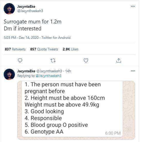 Lady offers N1.2m to any woman who agrees to be surrogate mother to her child