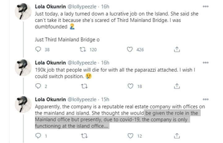  Lady rejects N190k job in Lagos 'cos she's scared of Third Mainland Bridge