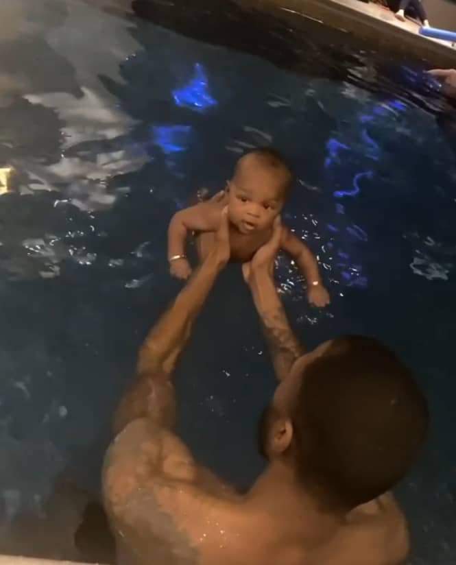 BBNaija's Mike Edwards takes his 3-month-old son, Matthew, on 1st swimming lesson (Video)