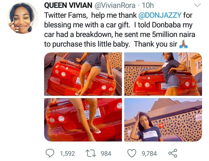 Don Jazzy reacts after clout chaser claimed on Twitter that he gifted her a car worth ₦5Million