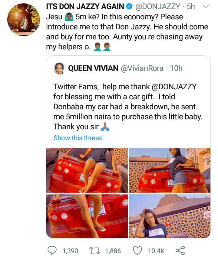 Don Jazzy reacts after clout chaser claimed on Twitter that he gifted her a car worth ₦5Million