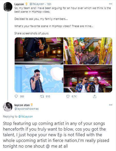 Stop featuring upcoming artiste if you want to blow - Fan advises Laycon