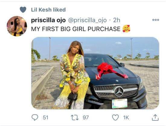 Iyabo Ojo's 19-year-old daughter, Priscilla gifts herself a Mercedes Benz