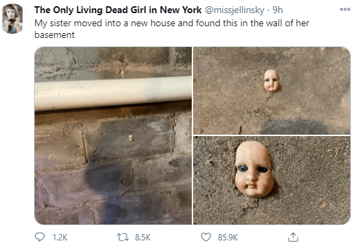 Woman finds head of a doll stuck in her basement wall
