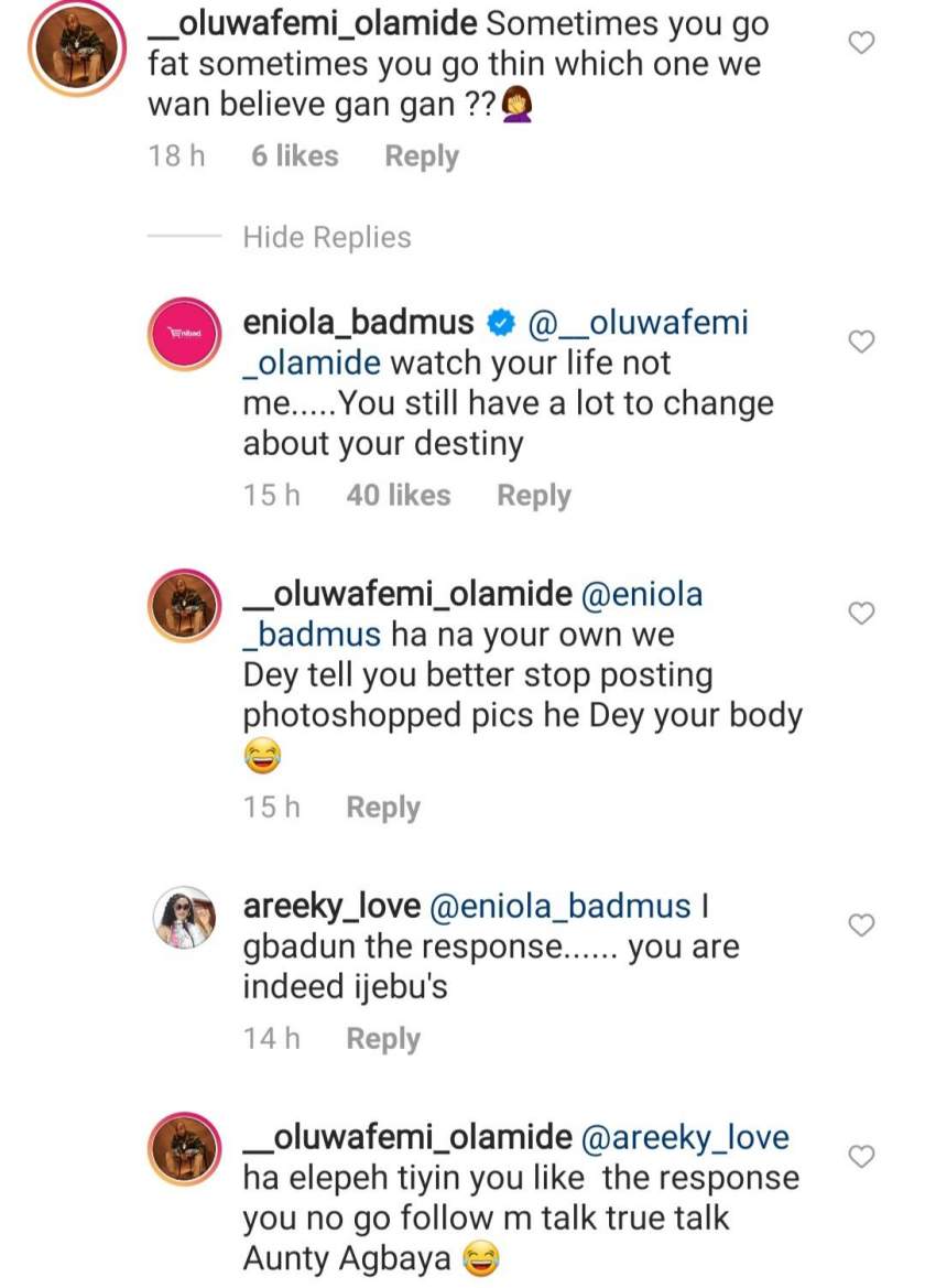 Eniola Badmus clashes with a troll who commented on her weight