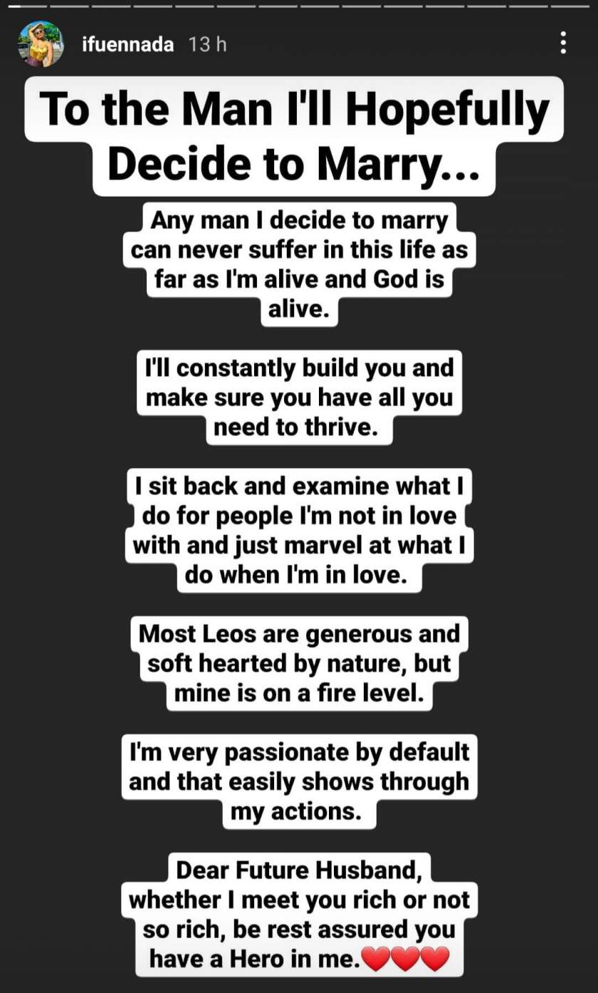 'Broke men shouldn't date' - Ifu Ennada says as she writes open letter to her future husband