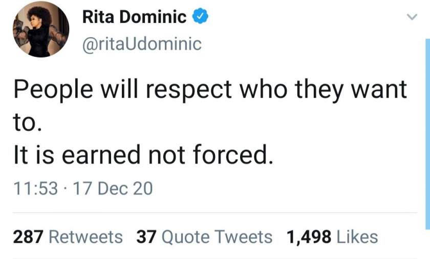 Rita Dominic replies a follower who misunderstood her post