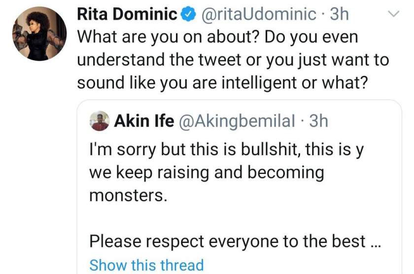 Rita Dominic replies a follower who misunderstood her post