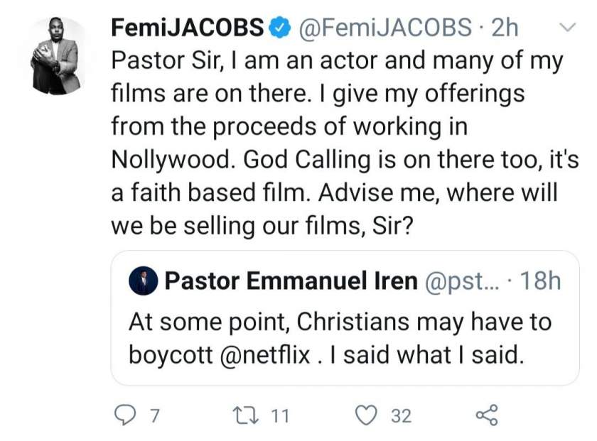 Actor Femi Jacobs replies pastor who said Christians may have to boycott Netflix