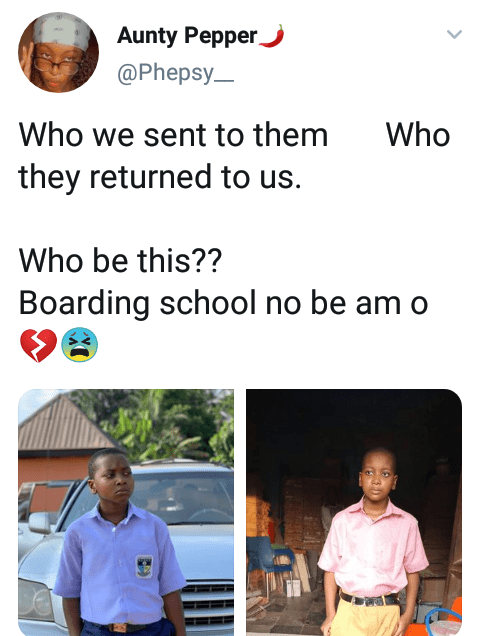 Nigerian lady expresses shock over her brother's weight loss after 2 months at boarding school